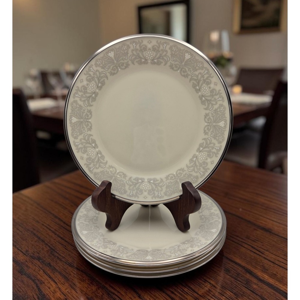 Set Of 4 Lenox Snow Lily Bone China Salad Plates With Platinum‎ Trim 8"